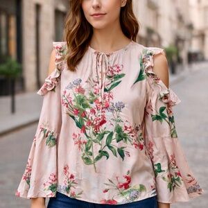 Romantic Floral Cold Shoulder‎ Bell Sleeve Blouse Blush Pink Size S